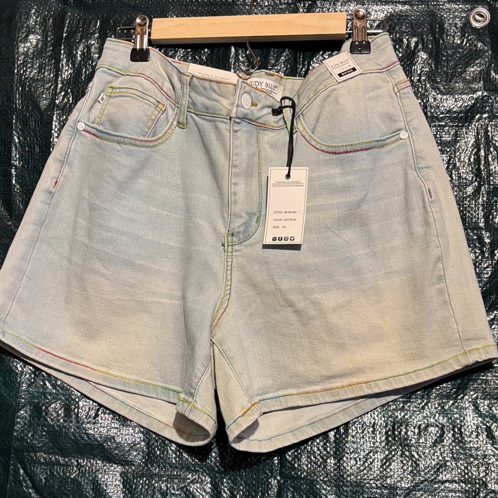 Judy Blue Light Blue Jean Shorts with Rainbow Stitching
